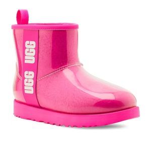 NIB UGG CLASSIC MINI WATERPROOF CLEAR BOOT PINK RAIN BOOTS